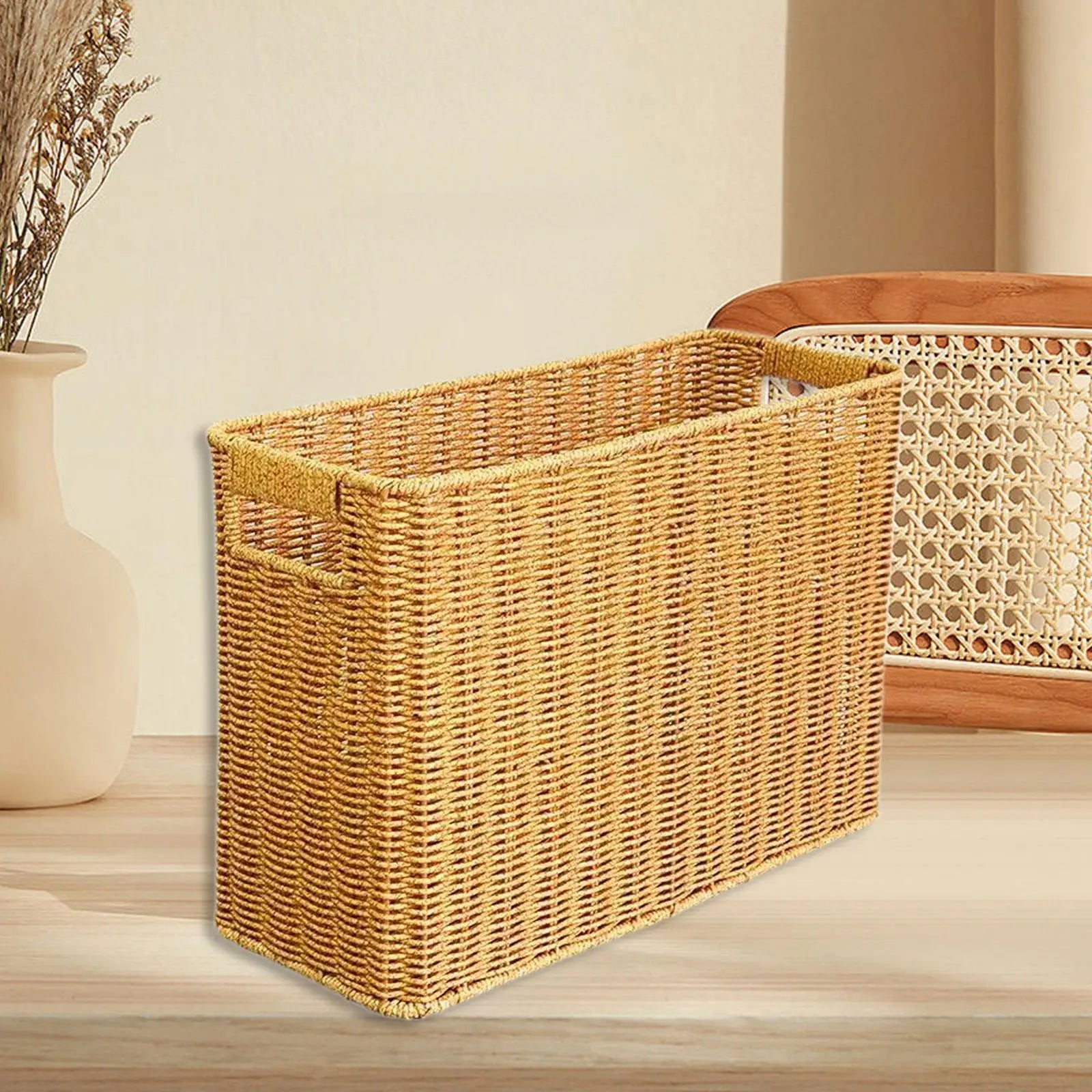 Resin Wicker Storage Basket - Tall Narrow Bin for Magazines & Toys