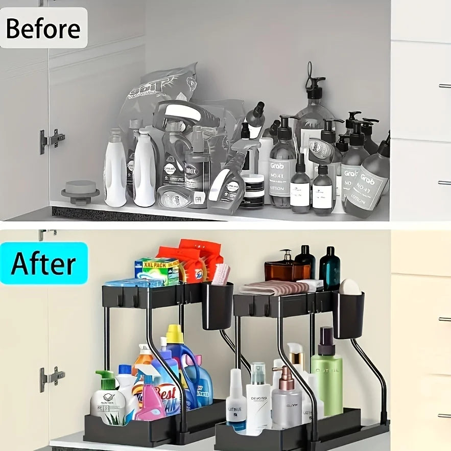 Under Sink Pull-Out Organizer - 2-Tier Sliding Storage Drawer for Kitchen & Bathroom Cabinets