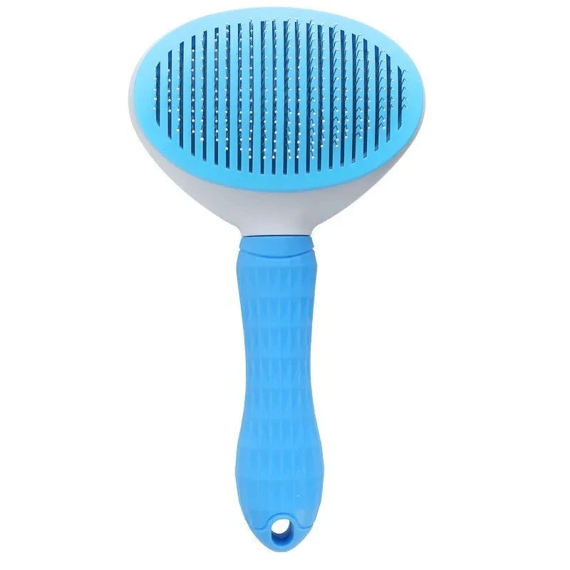 Blue pet grooming brush with oval metal-pin bristle head and ribbed handle, product shot on white background
