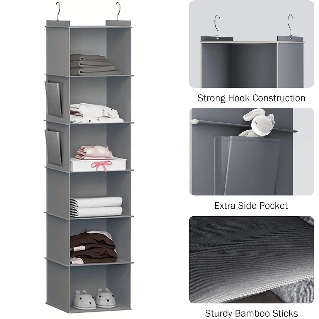Foldable 6-Shelf Hanging Closet Organizer - Space-Saving Storage with 2 Hooks for Shoes & Clothes