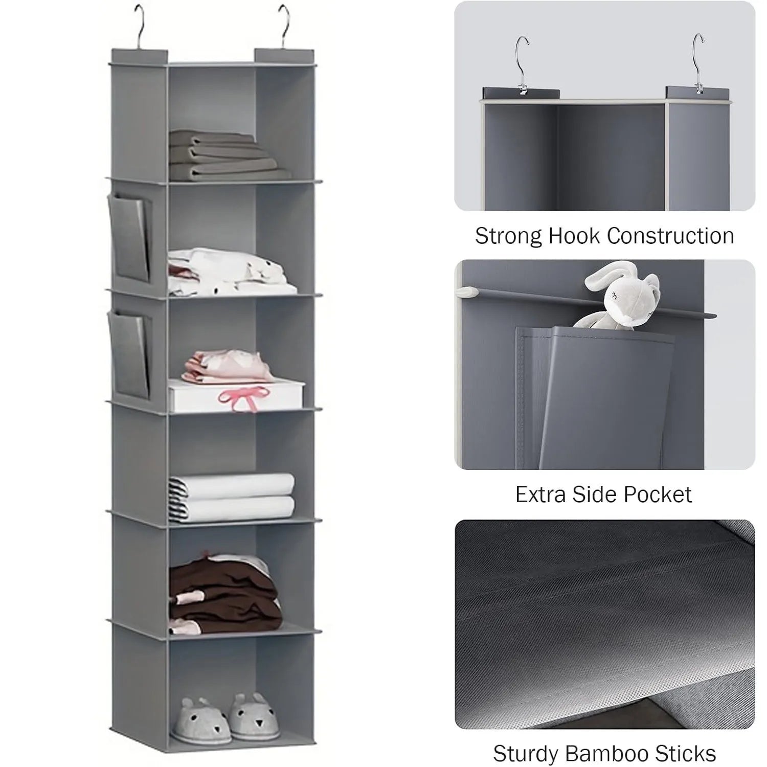 Foldable 6-Shelf Hanging Closet Organizer - Space-Saving Storage with 2 Hooks for Shoes & Clothes