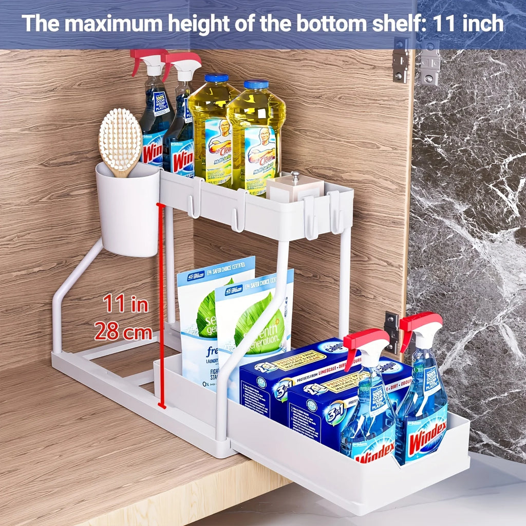 Under Sink Pull-Out Organizer - 2-Tier Sliding Storage Drawer for Kitchen & Bathroom Cabinets