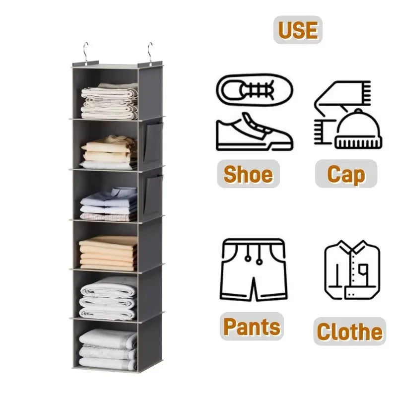 Foldable 6-Shelf Hanging Closet Organizer - Space-Saving Storage with 2 Hooks for Shoes & Clothes