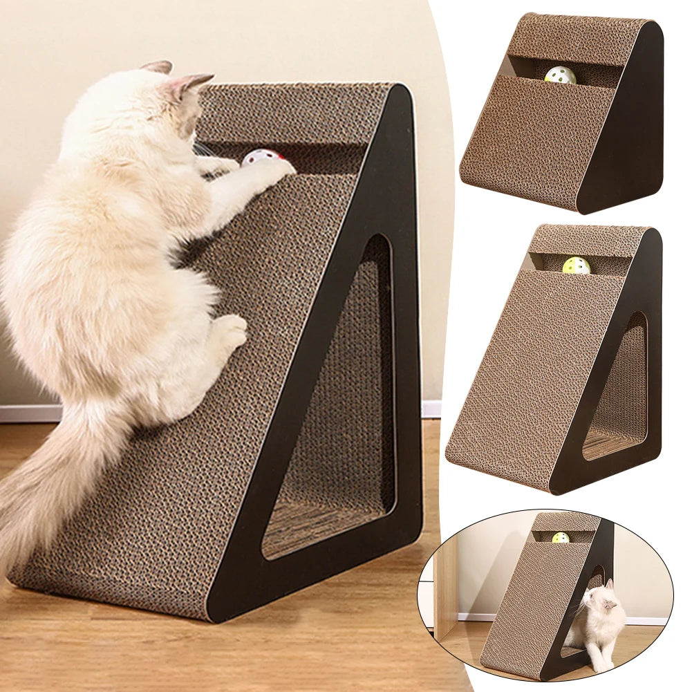 2-in-1 Triangle Cat Scratcher - Cardboard Scratch Pad with Spinning Ball Toy