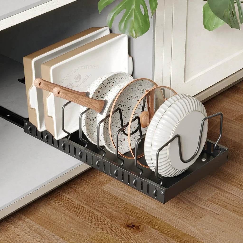 Pull-Out Kitchen Cabinet Organizer - Adjustable Iron Rack for Pots, Pans, Lids & Spices