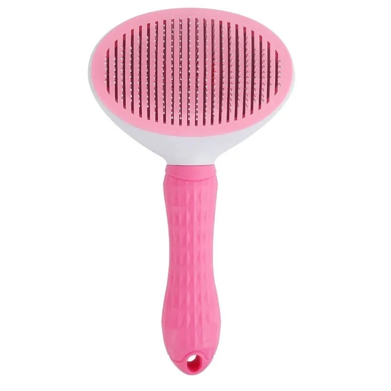 Pink and white self-cleaning pet grooming brush with pink bristle head and ribbed handle