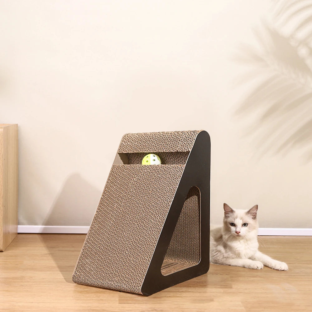 2-in-1 Triangle Cat Scratcher - Cardboard Scratch Pad with Spinning Ball Toy