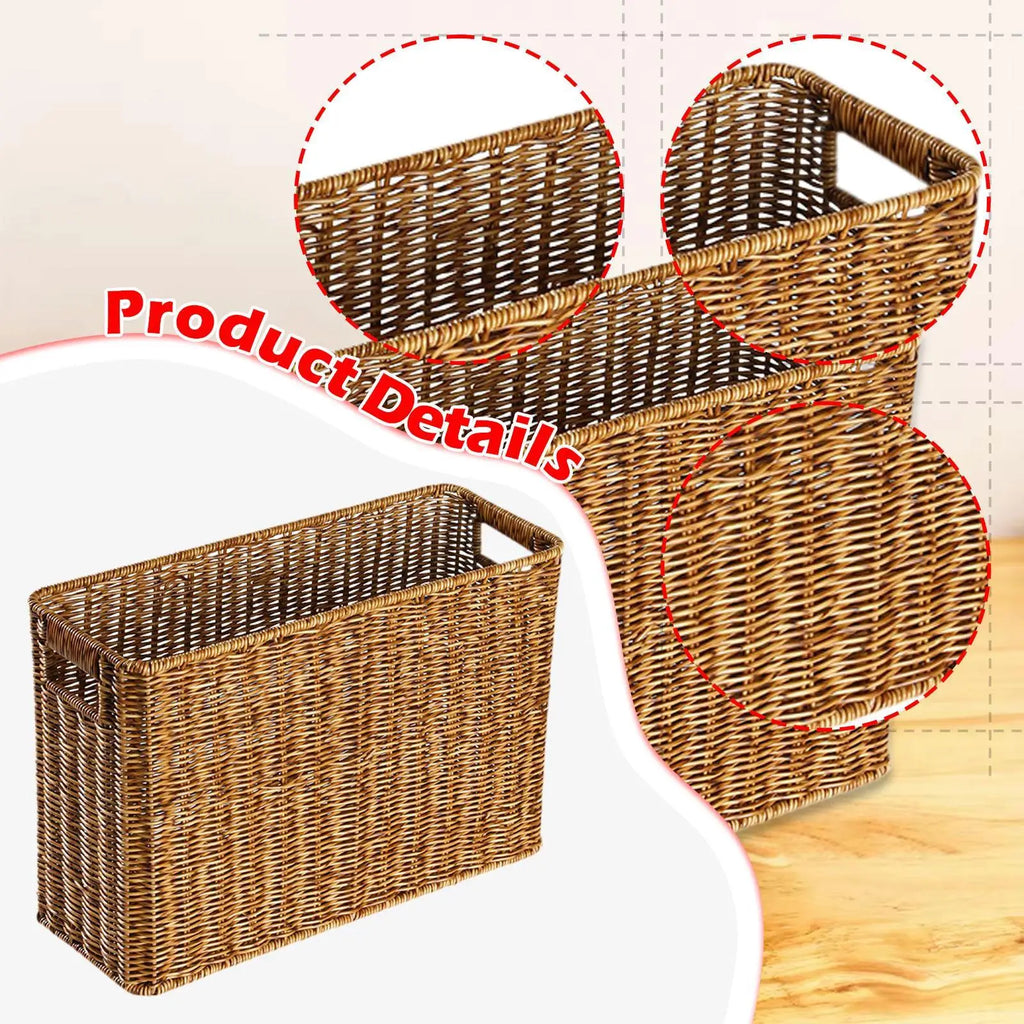 Resin Wicker Storage Basket - Tall Narrow Bin for Magazines & Toys