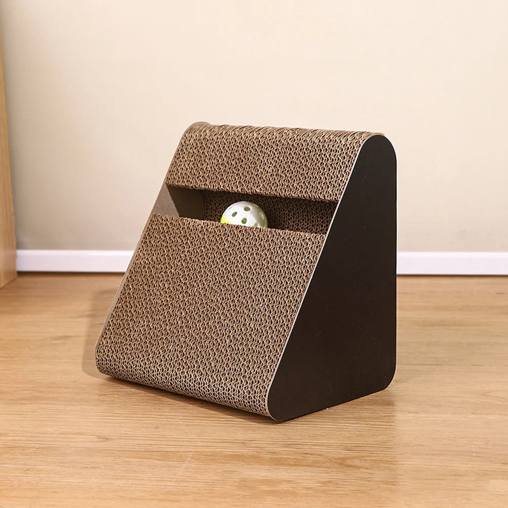 2-in-1 Triangle Cat Scratcher - Cardboard Scratch Pad with Spinning Ball Toy