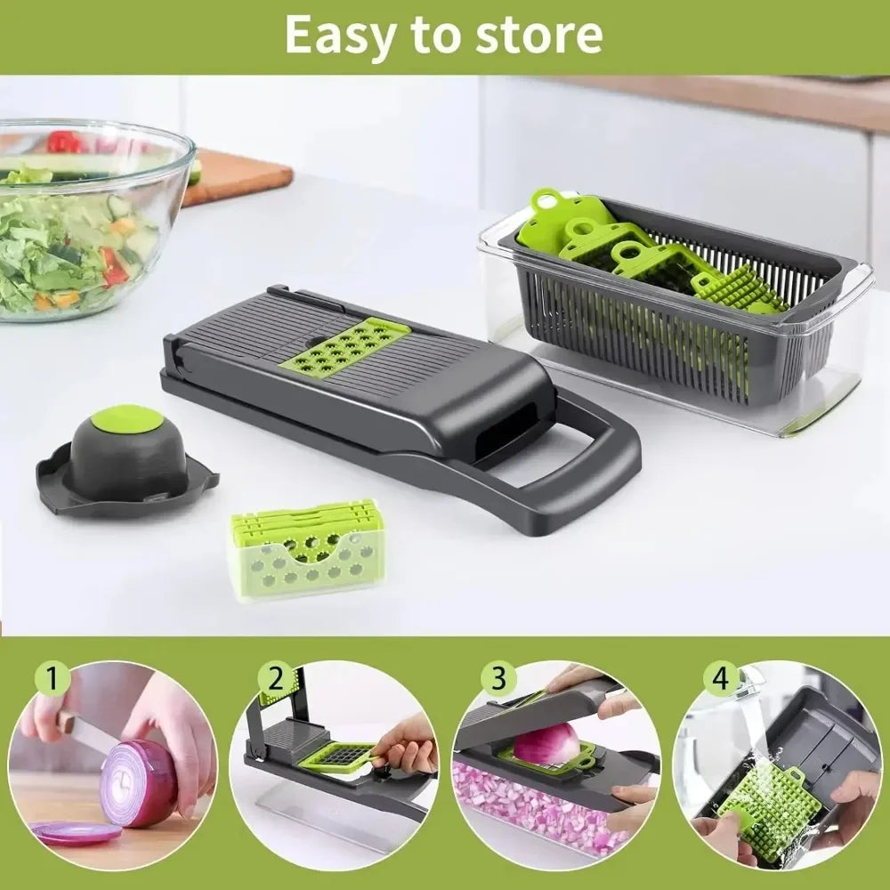 Multifunctional Vegetable Chopper - 14-in-1 Manual Slicer, Dicer & Grater for Kitchen Prep
