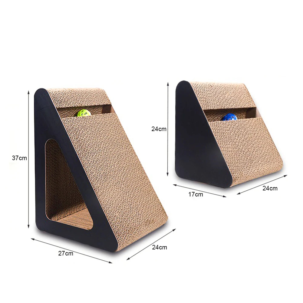 2-in-1 Triangle Cat Scratcher - Cardboard Scratch Pad with Spinning Ball Toy