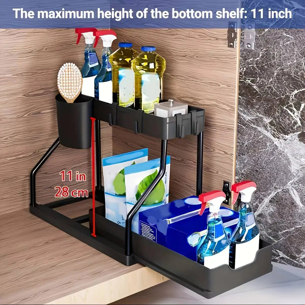 Under Sink Pull-Out Organizer - 2-Tier Sliding Storage Drawer for Kitchen & Bathroom Cabinets