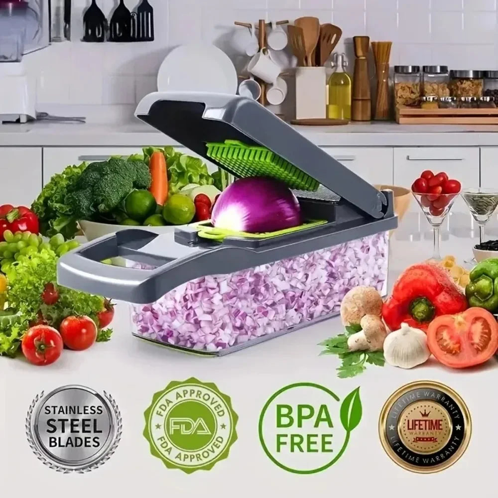 Multifunctional Vegetable Chopper - 14-in-1 Manual Slicer, Dicer & Grater for Kitchen Prep