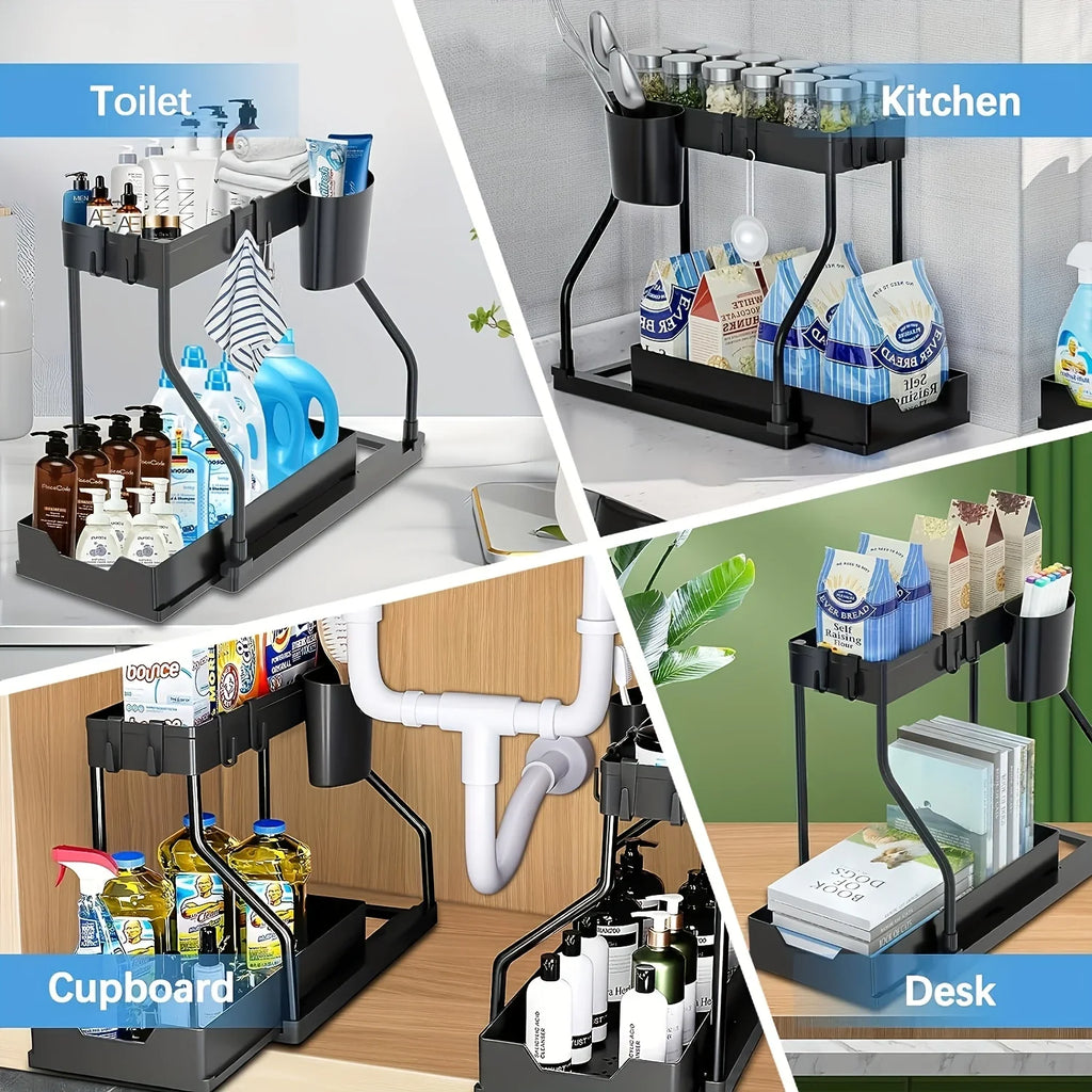 Under Sink Pull-Out Organizer - 2-Tier Sliding Storage Drawer for Kitchen & Bathroom Cabinets