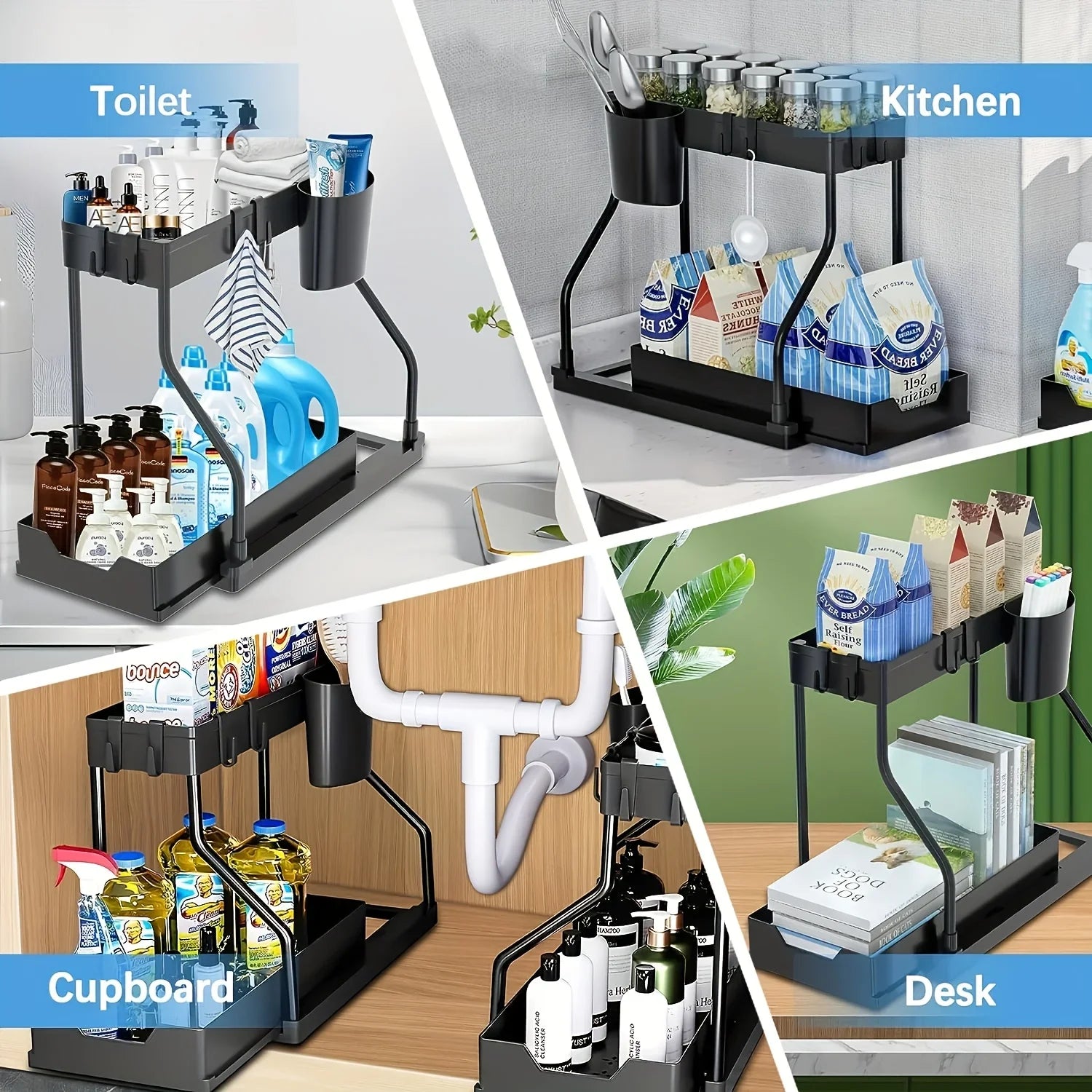Under Sink Pull-Out Organizer - 2-Tier Sliding Storage Drawer for Kitchen & Bathroom Cabinets
