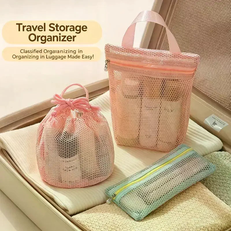 Large Capacity Mesh Toiletry Bag - Breathable Drawstring Organizer for Travel & Makeup