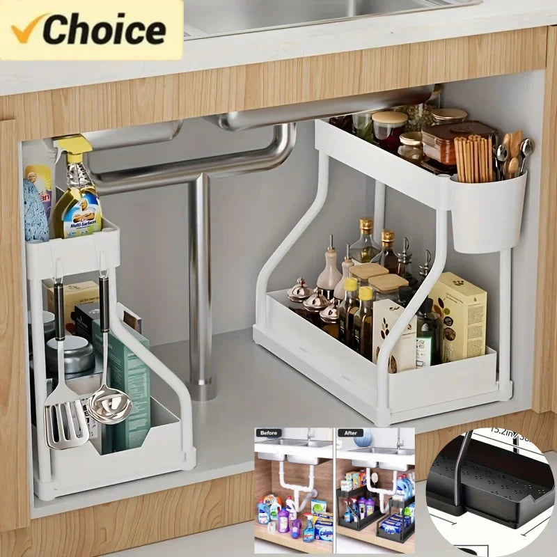 Under Sink Pull-Out Organizer - 2-Tier Sliding Storage Drawer for Kitchen & Bathroom Cabinets