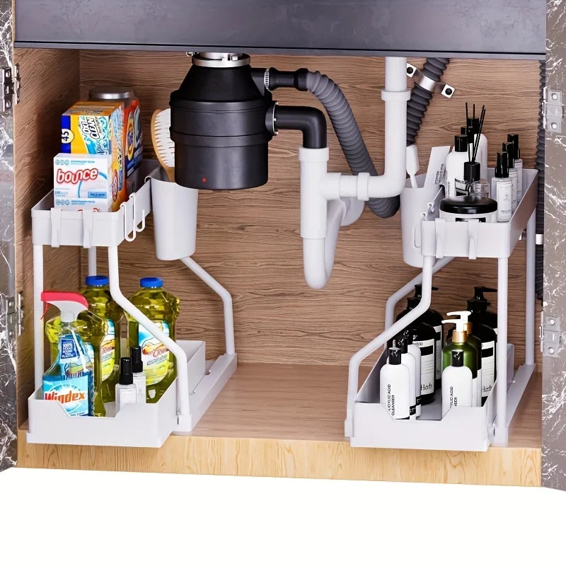 Under Sink Pull-Out Organizer - 2-Tier Sliding Storage Drawer for Kitchen & Bathroom Cabinets