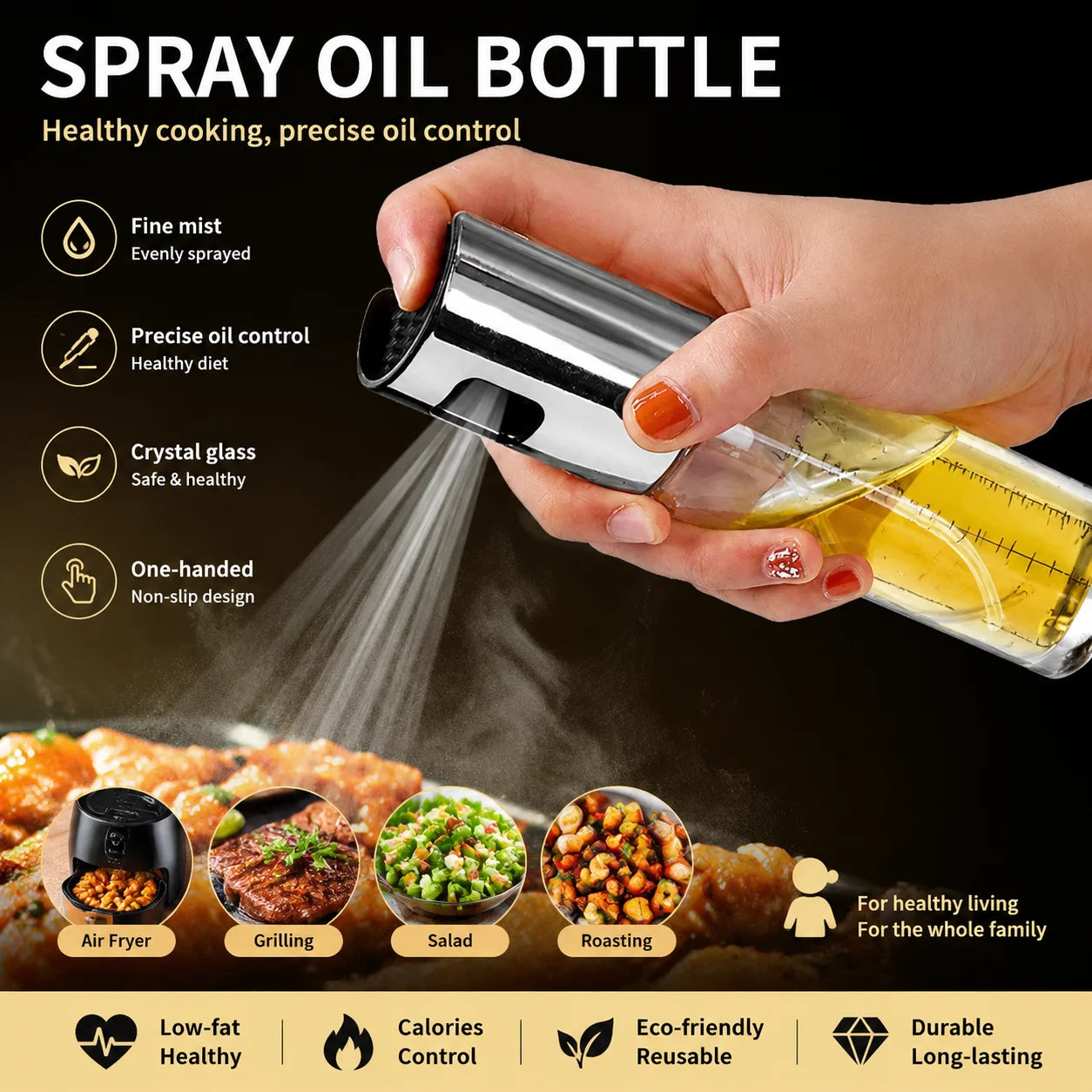 Glass Oil Sprayer Bottle for Air Fryer Cooking - Refillable Olive Oil Mister for Salads & BBQ