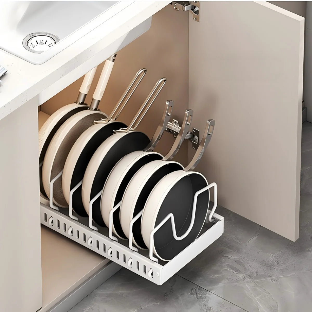 Pull-Out Kitchen Cabinet Organizer - Adjustable Iron Rack for Pots, Pans, Lids & Spices
