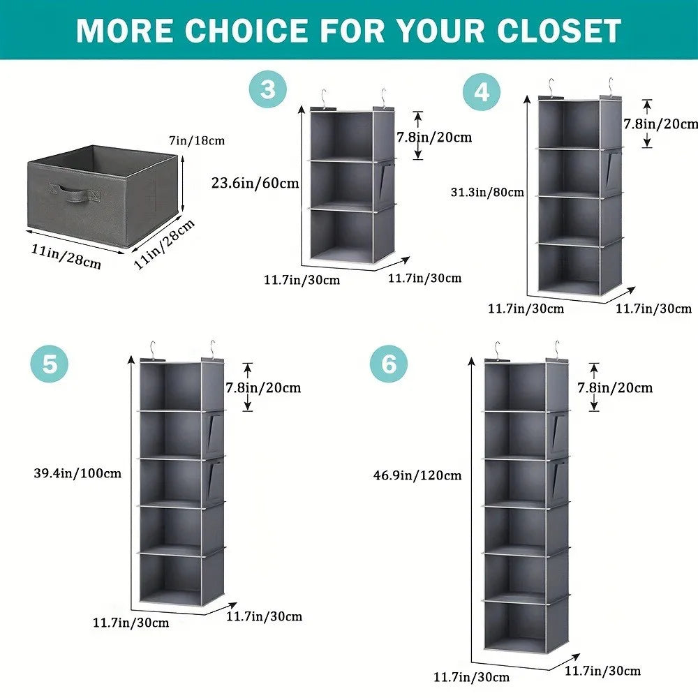 Foldable 6-Shelf Hanging Closet Organizer - Space-Saving Storage with 2 Hooks for Shoes & Clothes