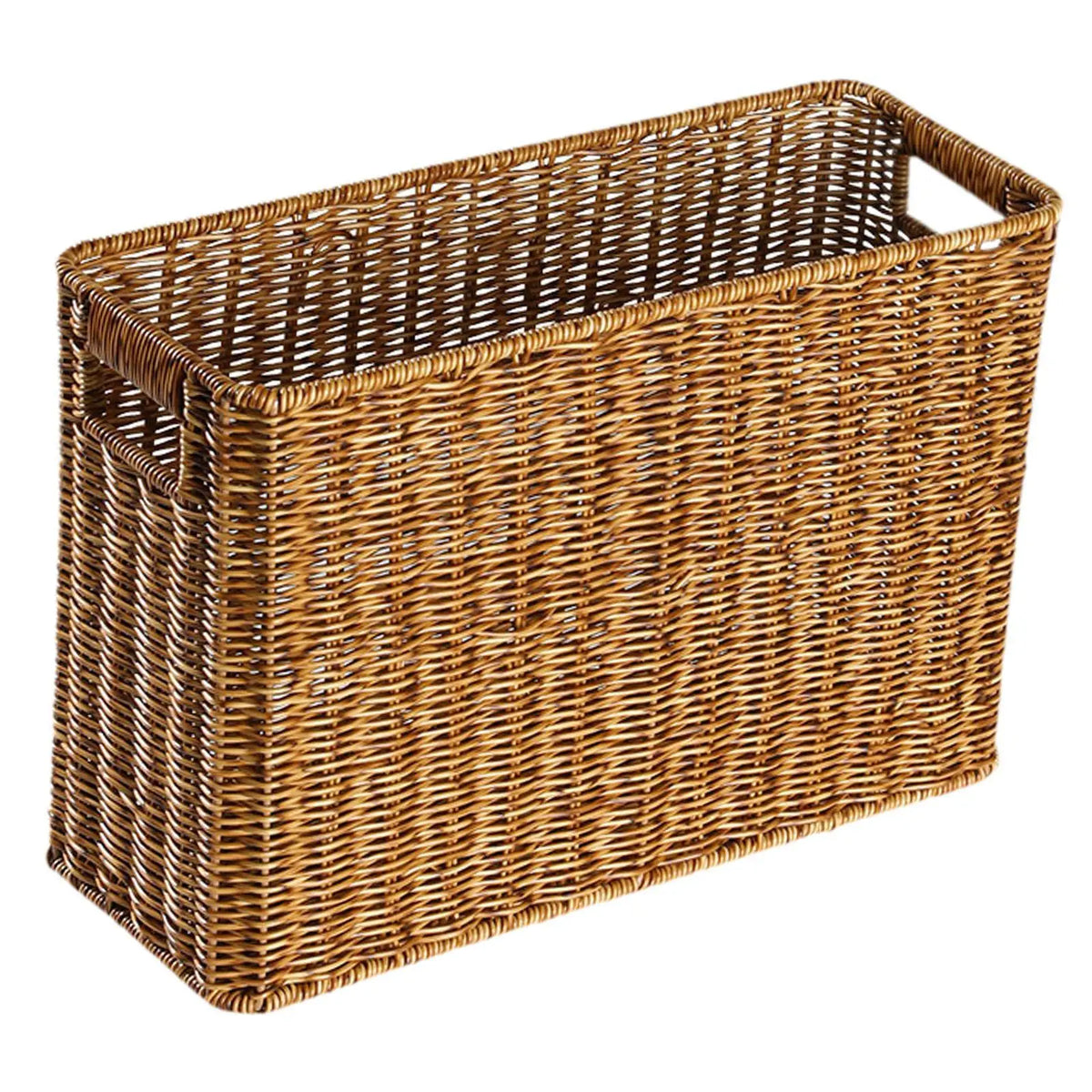 Dark Coffee resin wicker storage basket, narrow rectangular bin with cutout end handles, on a white background