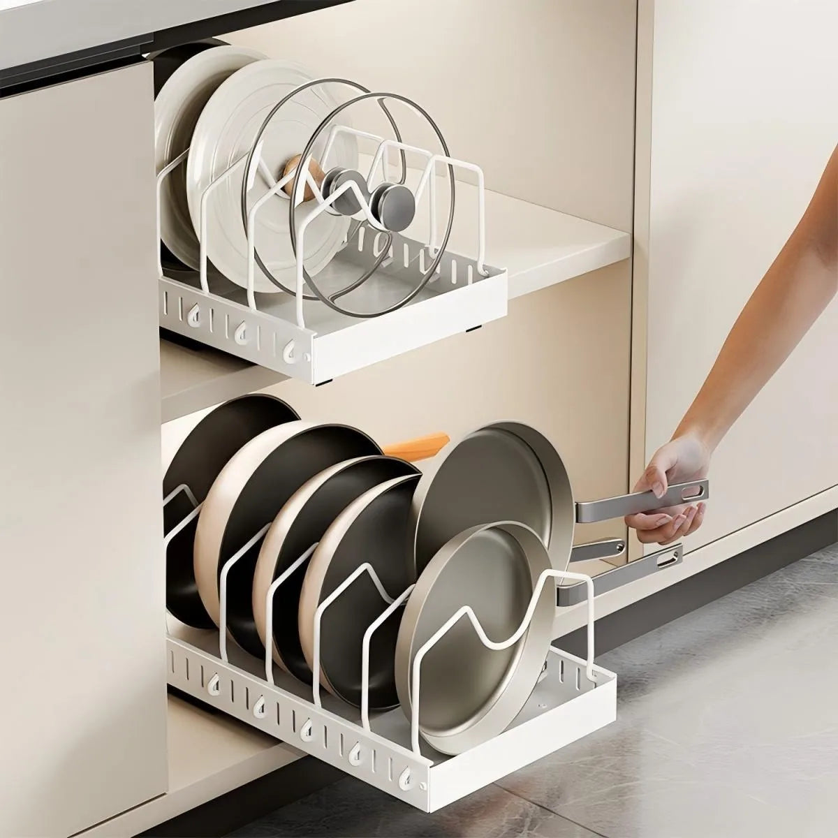 Pull-Out Kitchen Cabinet Organizer - Adjustable Iron Rack for Pots, Pans, Lids & Spices