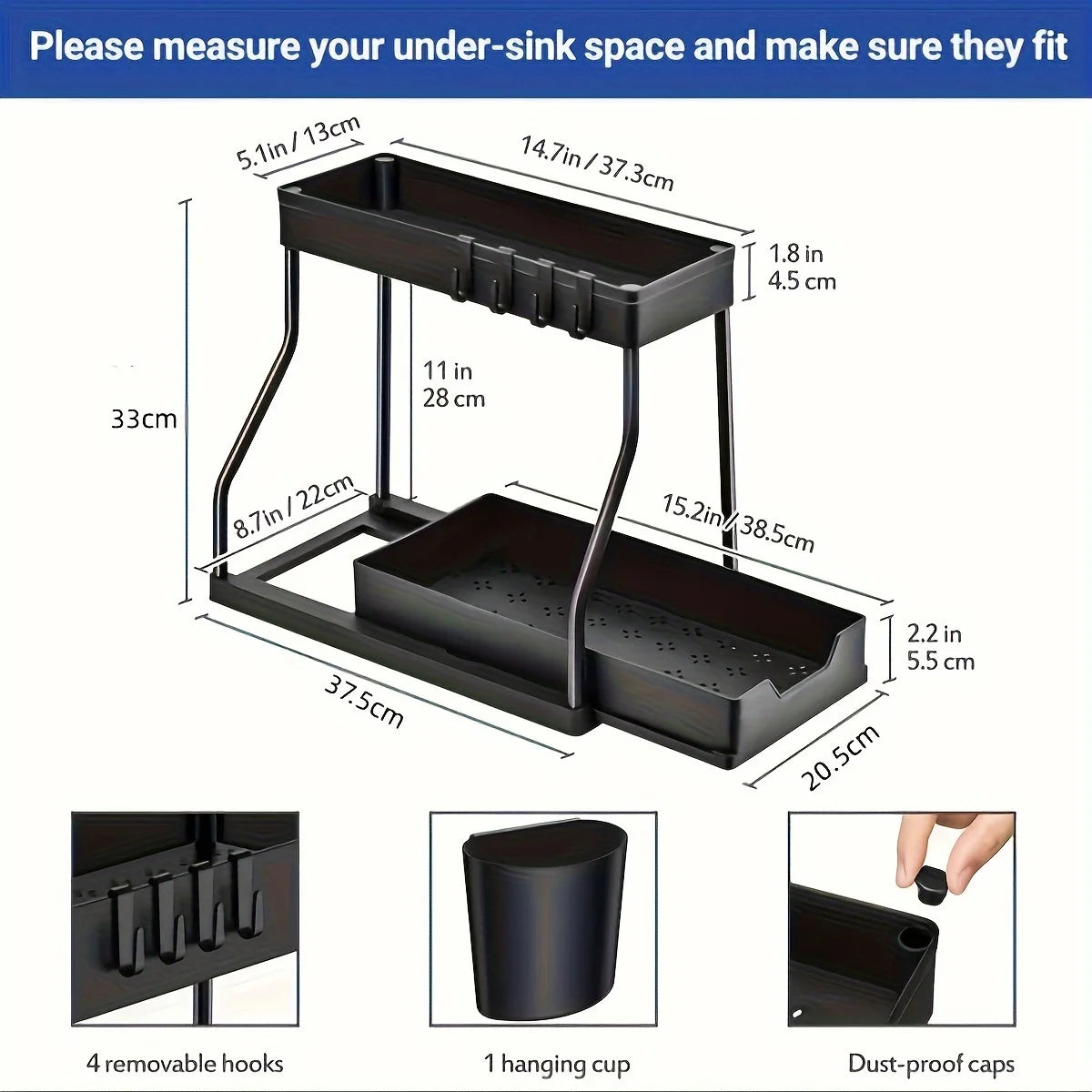 Under Sink Pull-Out Organizer - 2-Tier Sliding Storage Drawer for Kitchen & Bathroom Cabinets