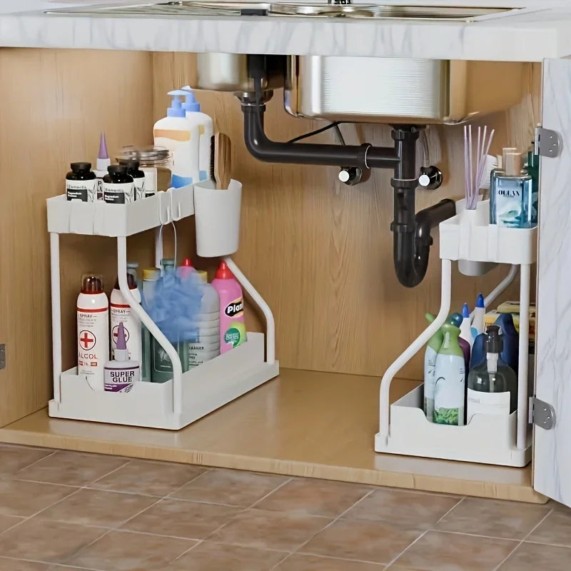 Under Sink Pull-Out Organizer - 2-Tier Sliding Storage Drawer for Kitchen & Bathroom Cabinets